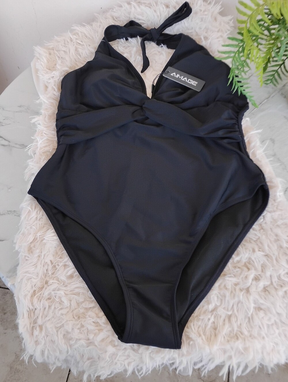 Black One-Piece Halter Swimsuit with Twist Front